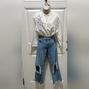 Alfred Dunner White Button Down with Floral Embroidery